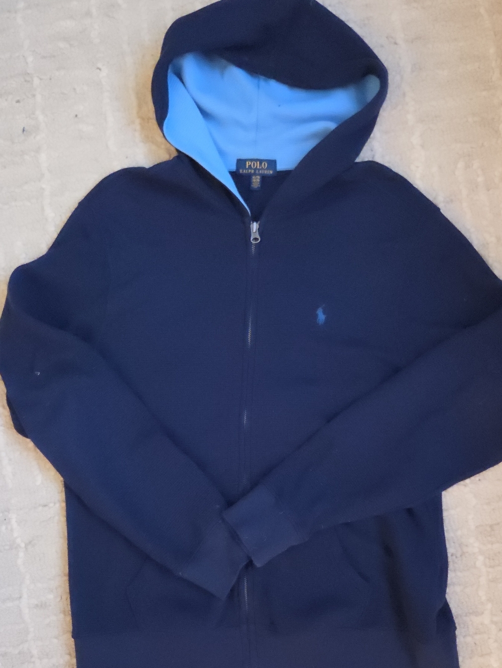 Polo Ralph Lauren Boys XL 18-20 Full Zip Hoodie Navy Blue Waffle Thermal Lining